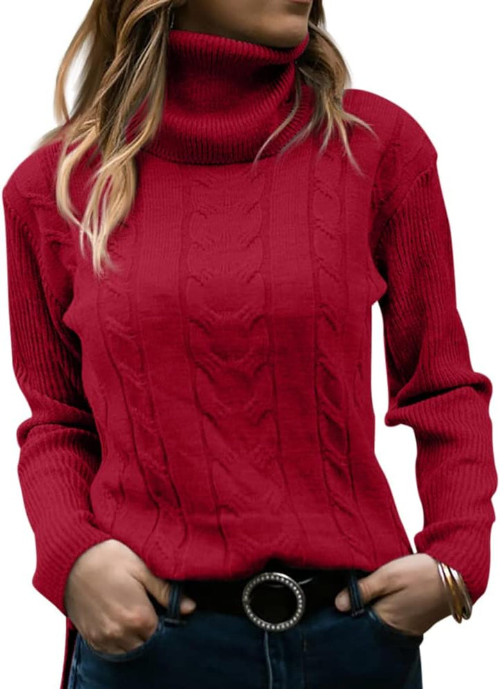 Lieve | Women's Cable Knit Turtleneck Sweater Pullover Mock Neck - Red