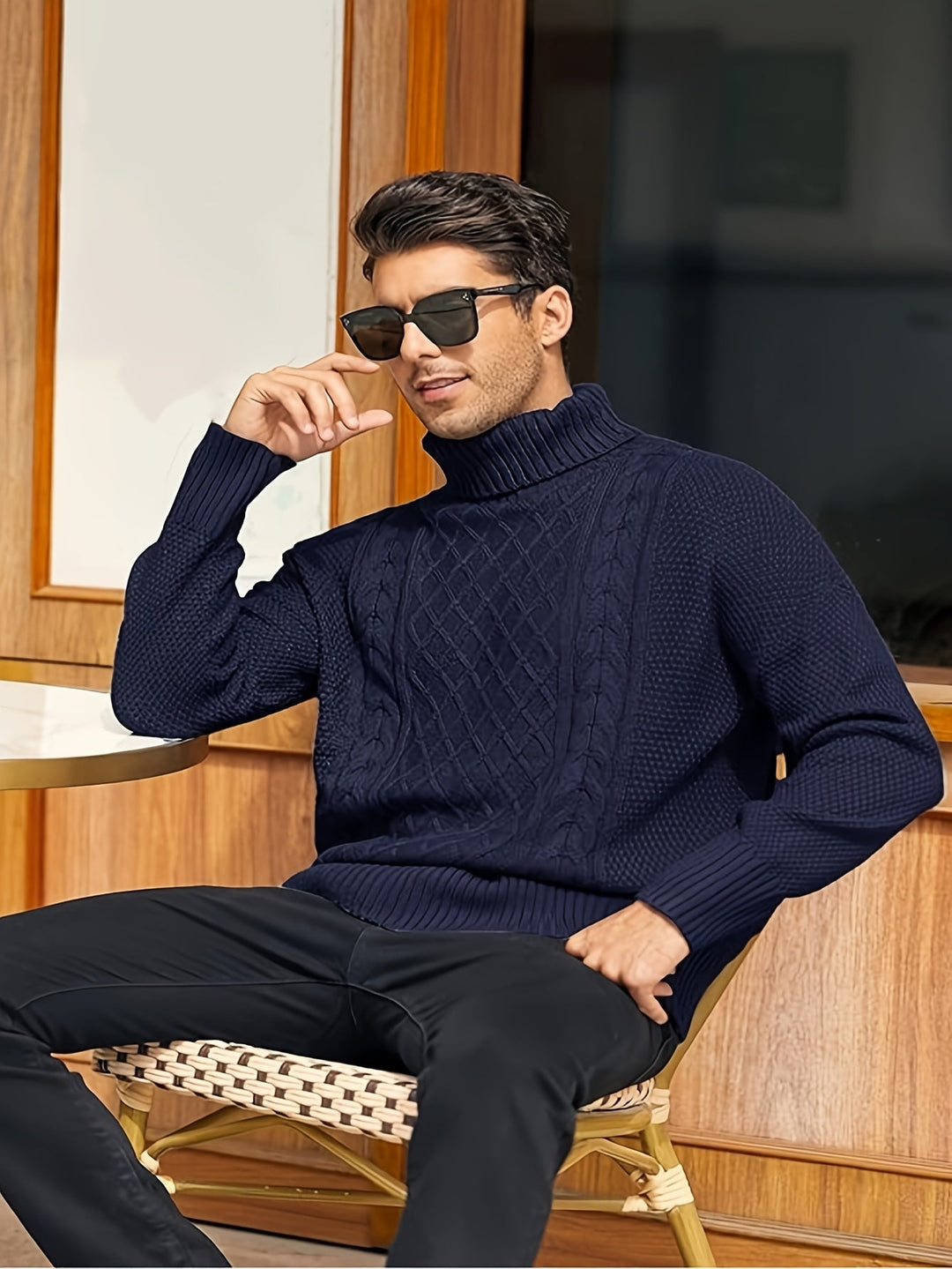 Men's Cable Knit Turtleneck Sweater – Detail View