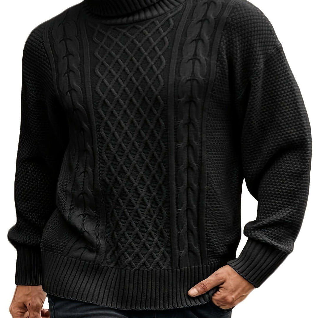 Men's Cable Knit Turtleneck Sweater – Black