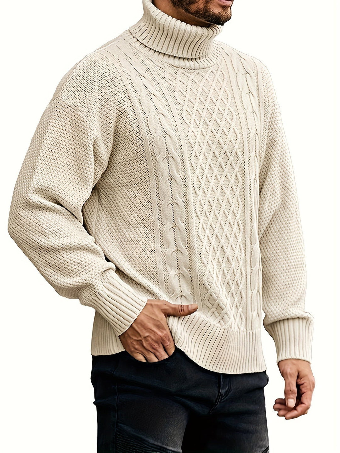 Men's Cable Knit Turtleneck Sweater – Detail View