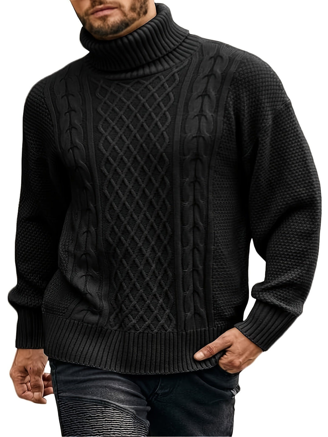 Men's Cable Knit Turtleneck Sweater – Detail View