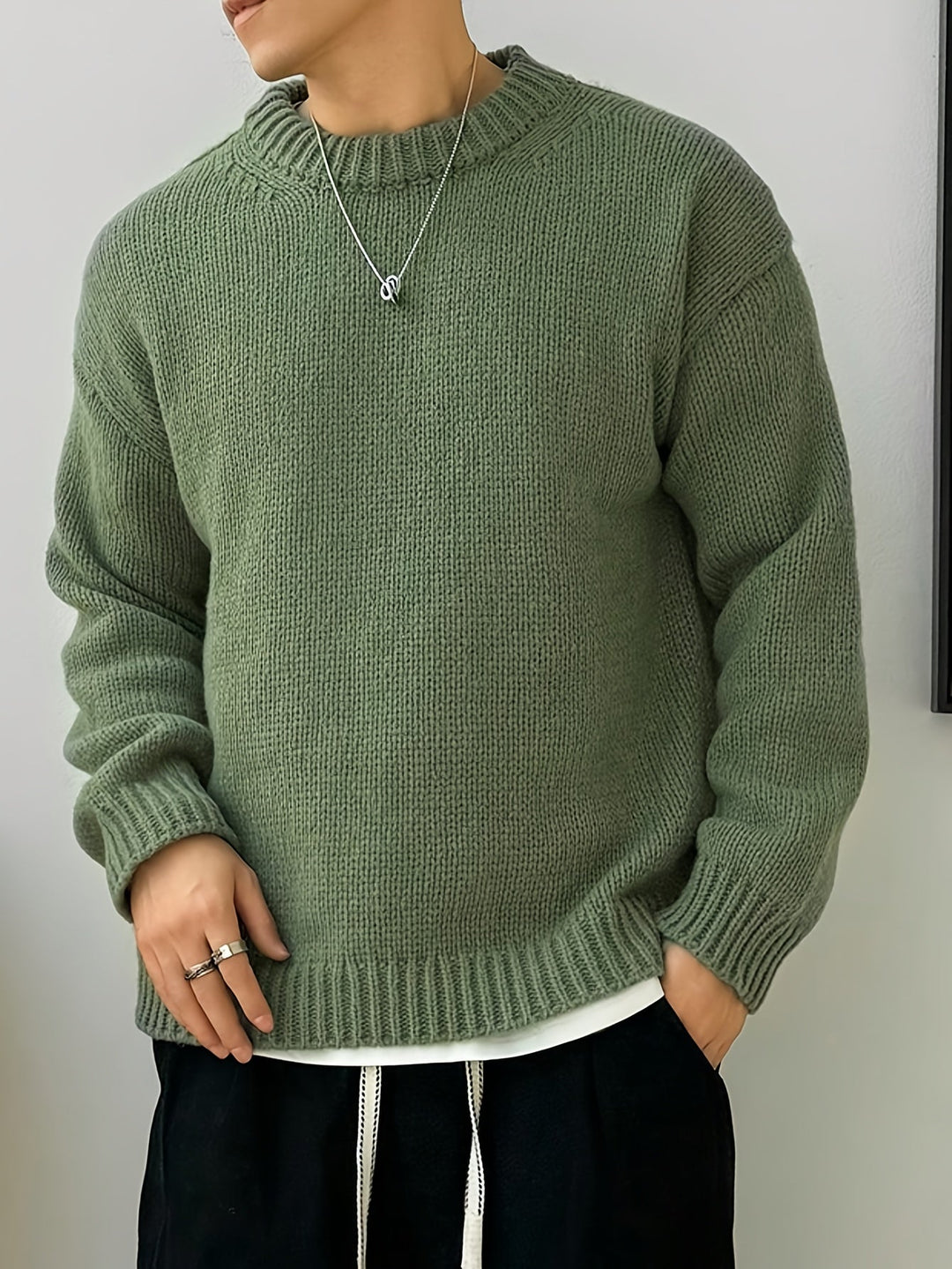 Men's Drop Shoulder Crew Neck Sweater – Detail View
