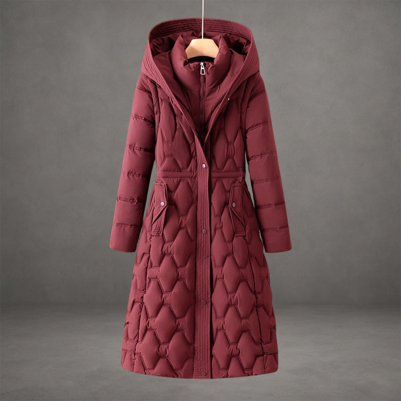 Women's Long Quilted Hooded Puffer Coat – Burgundy