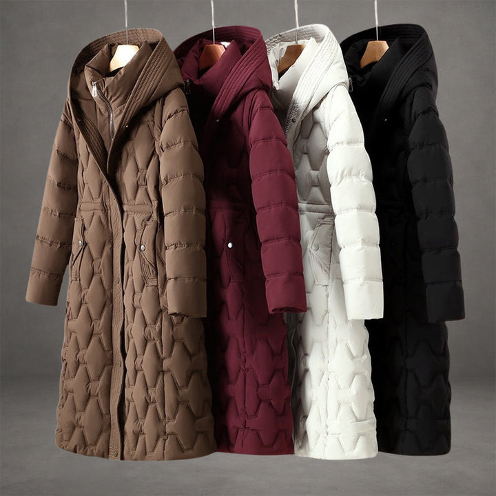 Women's Long Quilted Hooded Puffer Coat – Detail View