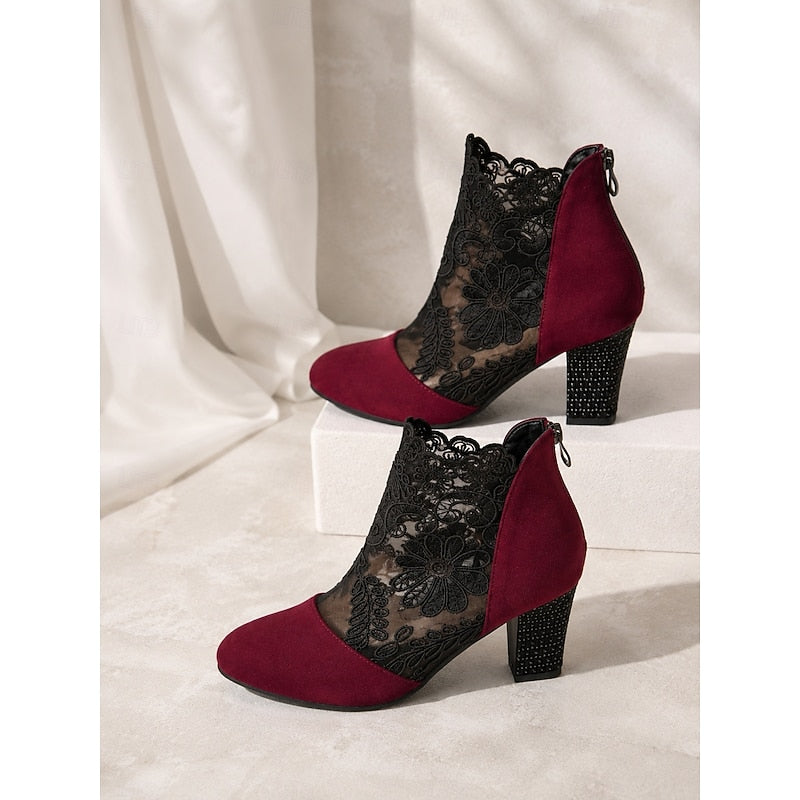 Wendelien | Women's Lace Block Heel Ankle Boots 6