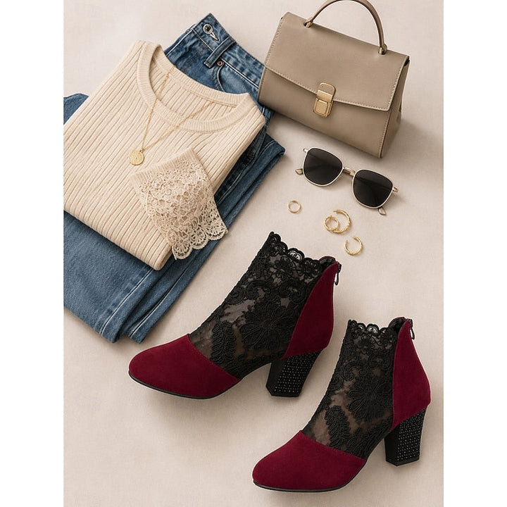 Wendelien | Women's Lace Block Heel Ankle Boots 7