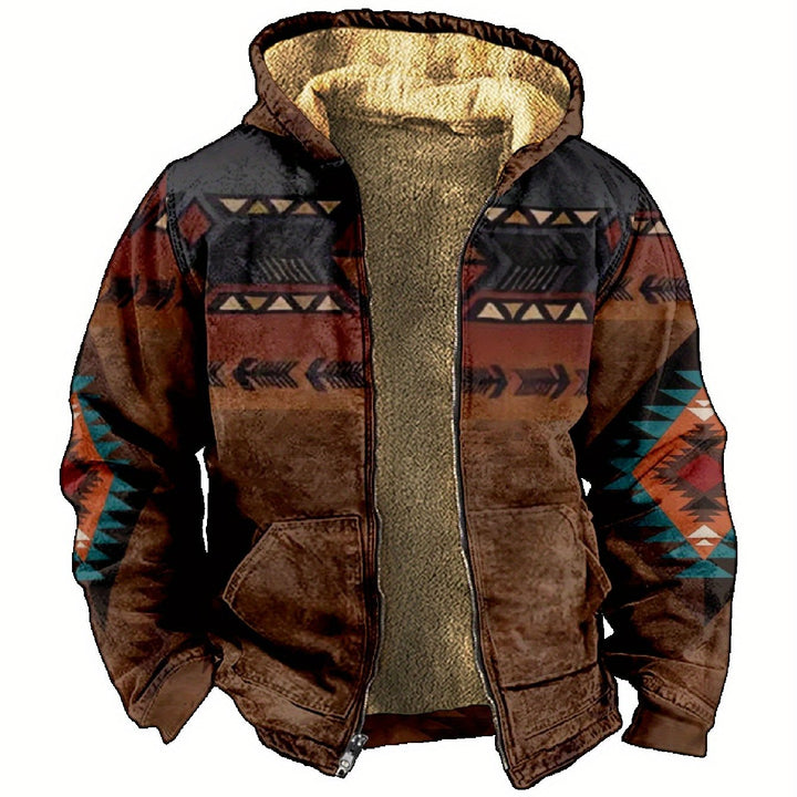 Men's Sherpa Lined Aztec Hooded Jacket – Brown