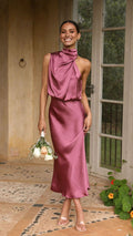 Rochella - Elegant Satin Dress with High Neck in Dusty Pink
